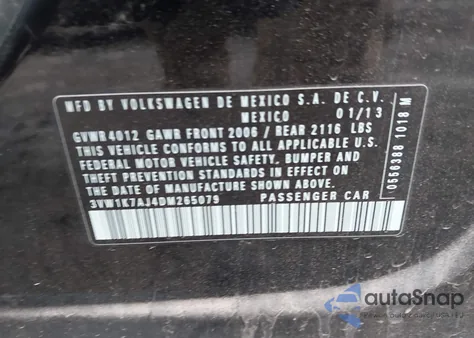 2013 Volkswagen Jetta 2.0L S z USA, uszkodzony, nr VIN 3VW1K7AJ4DM265079